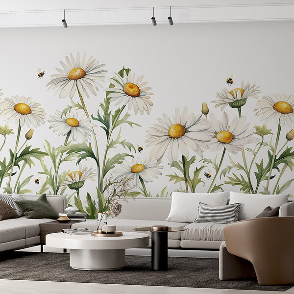 A group of white flowers with yellow centers and green leaves A group of white flowers with yellow centers and green leaves