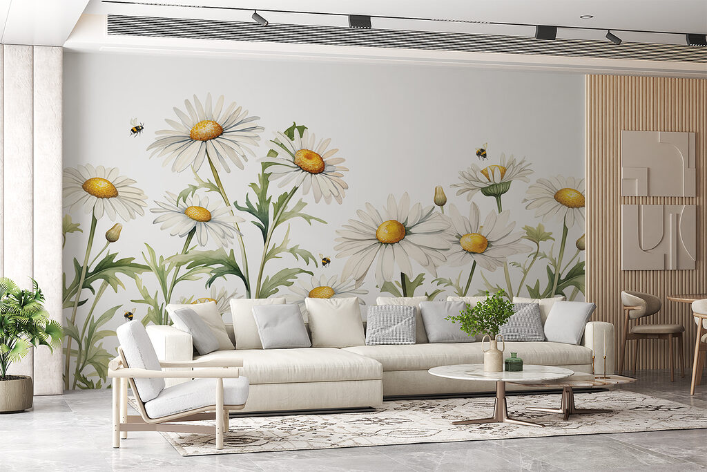 A group of white flowers with yellow centers and green leaves