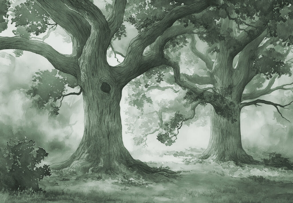 A group of trees in a foggy forest A group of trees in a foggy forest