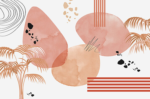 A art of pink and black circles and a palm tree