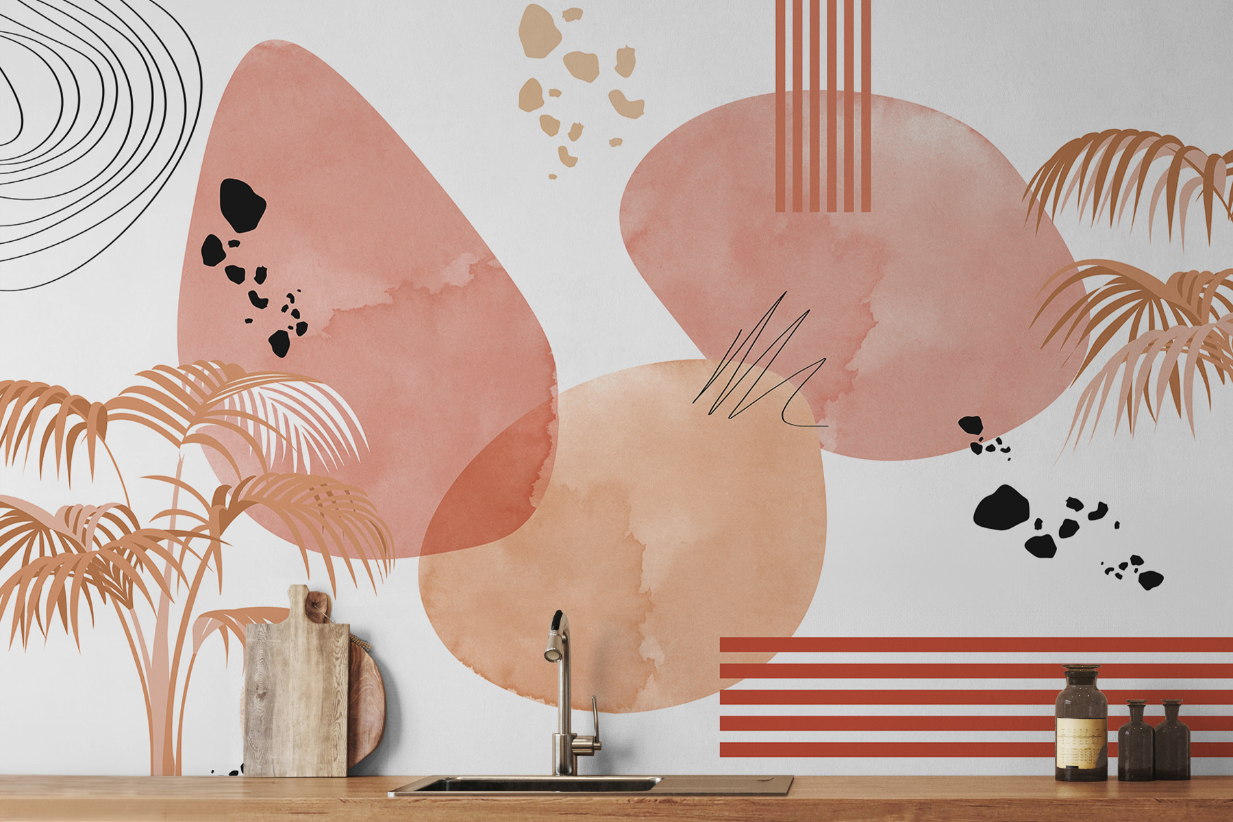 A art of pink and black circles and a palm tree