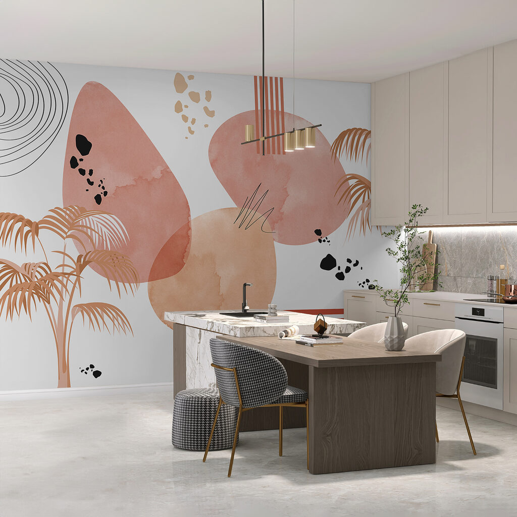 A art of pink and black circles and a palm tree