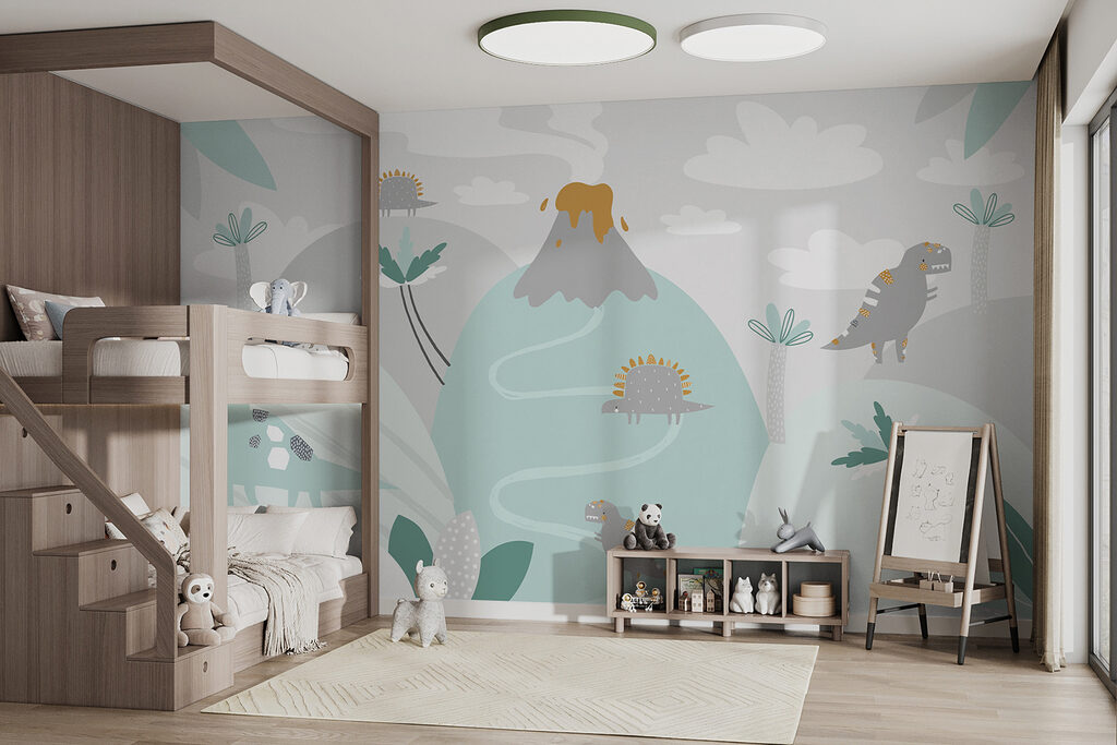 A cartoon dinosaur with a volcano and plants A cartoon dinosaur with a volcano and plants