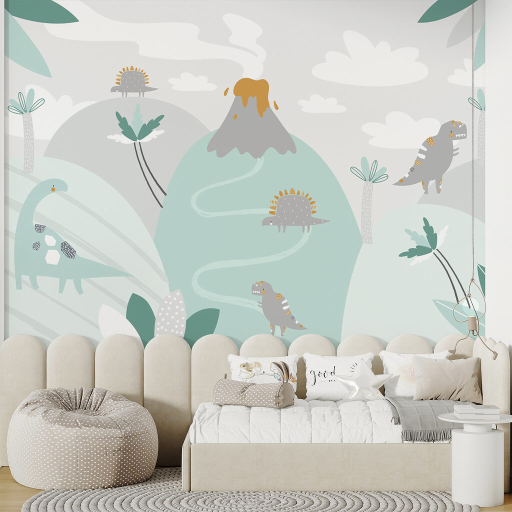 A cartoon dinosaur with a volcano and plants A cartoon dinosaur with a volcano and plants