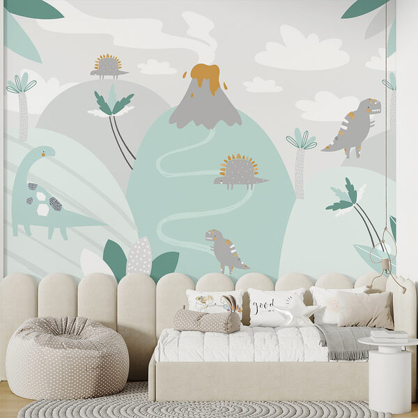 A cartoon dinosaur with a volcano and plants A cartoon dinosaur with a volcano and plants