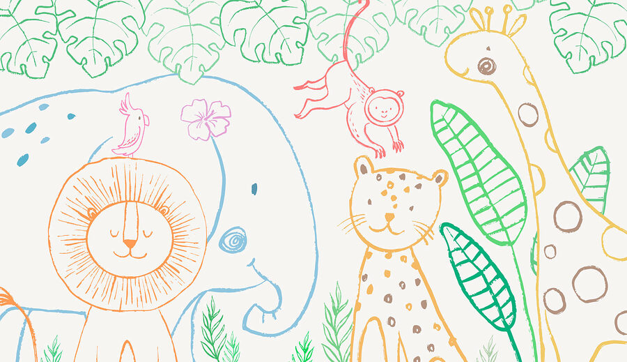A drawing of animals and plants