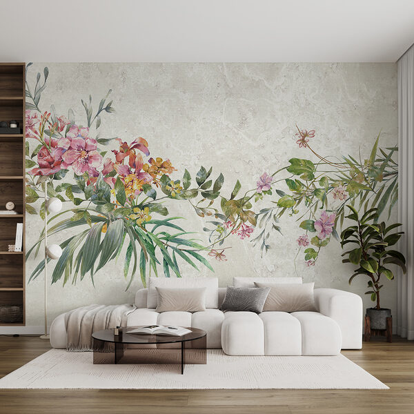 A painting of flowers and leaves A painting of flowers and leaves