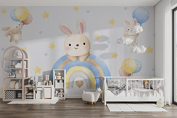 Wall mural Wall mural A cartoon bunny on a rainbow (SKU: w01332)