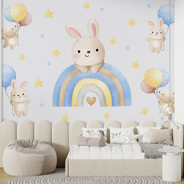 A cartoon bunny on a rainbow