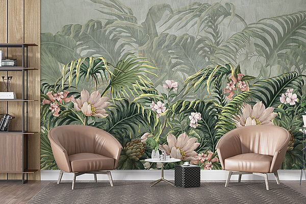 A wallpaper with flowers and leaves A wallpaper with flowers and leaves