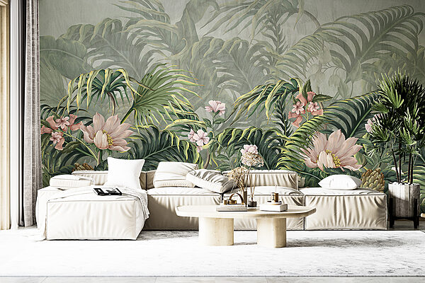 A wallpaper with flowers and leaves A wallpaper with flowers and leaves