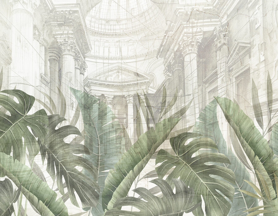 A painting of a building with a large leaf