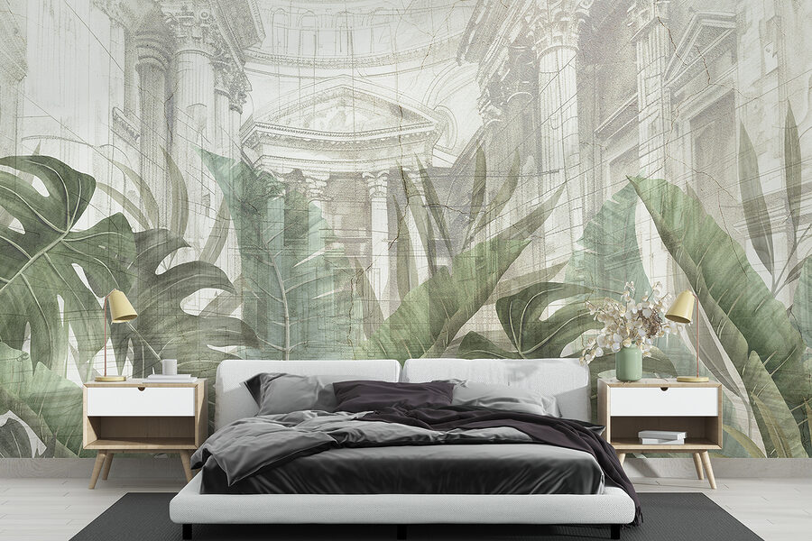 A painting of a building with a large leaf