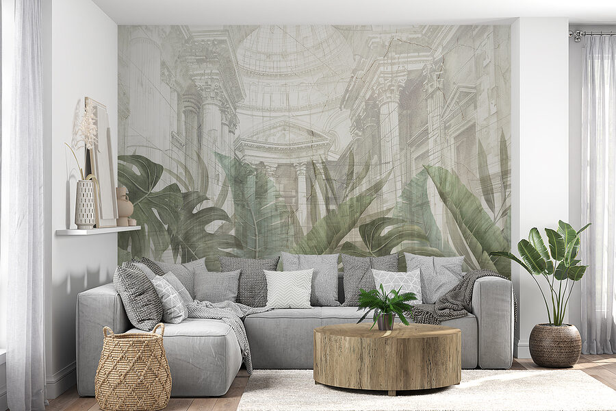 A painting of a building with a large leaf