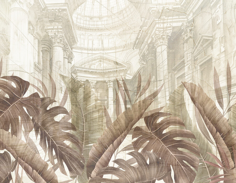Wall murals A painting of leaves and a building - Image 7