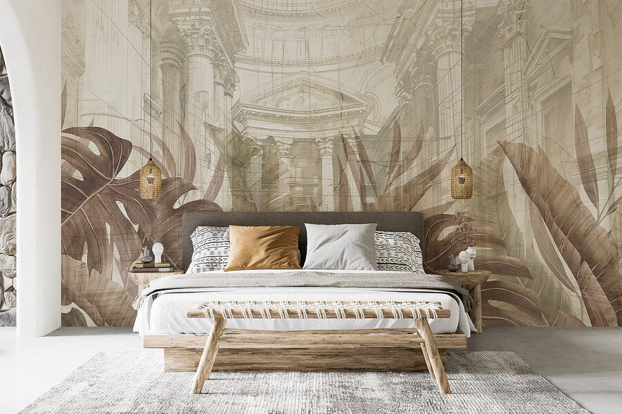Wall murals A painting of leaves and a building