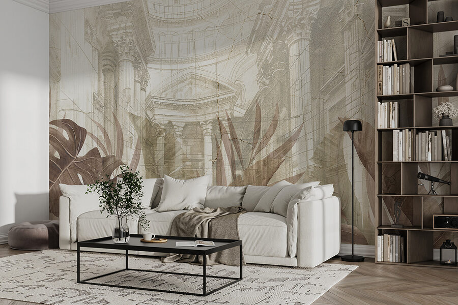 Wall murals A painting of leaves and a building - Image 2
