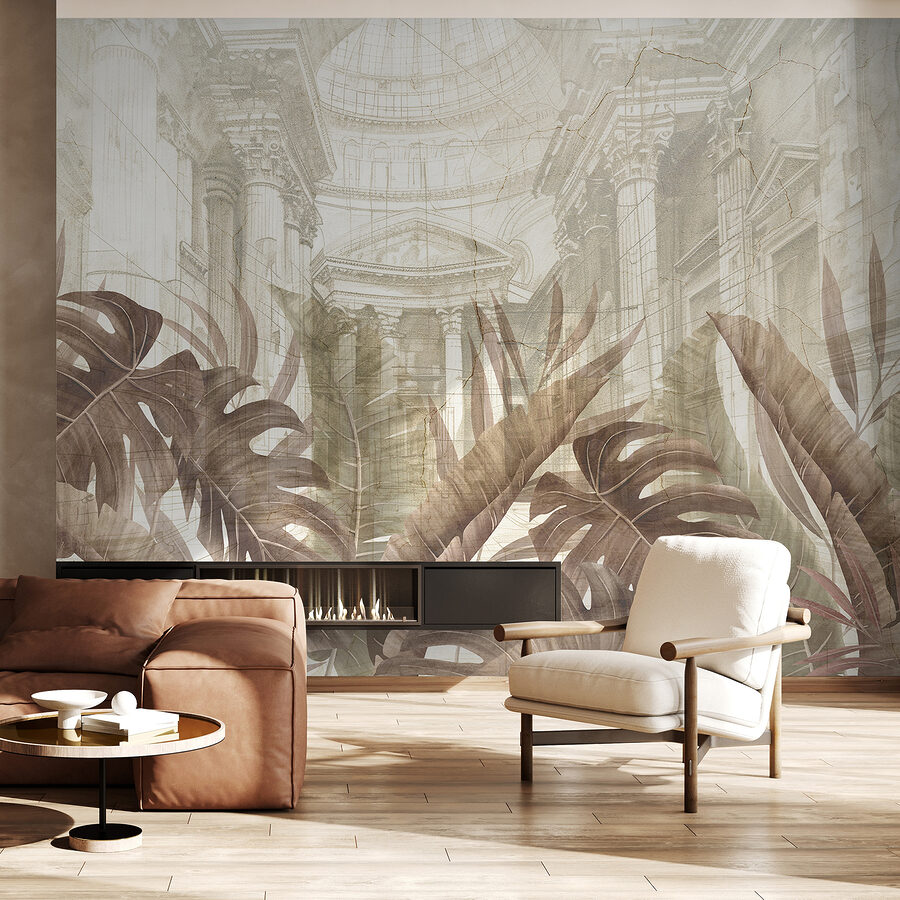 Wall murals A painting of leaves and a building - Image 4