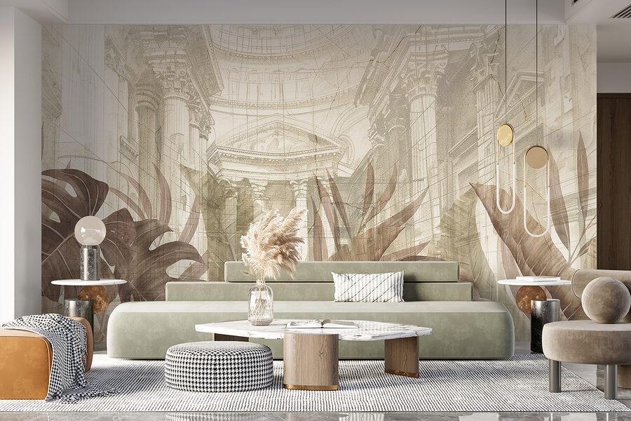 Wall murals A painting of leaves and a building - Image 5