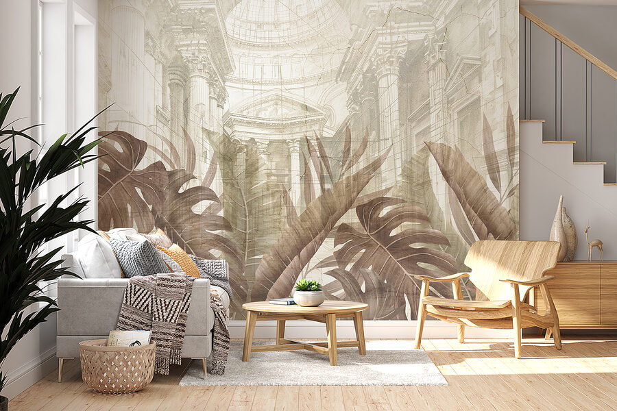 Wall murals A painting of leaves and a building - Image 6