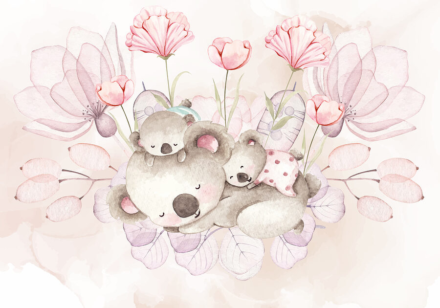A watercolor illustration of a couple of koalas and flowers