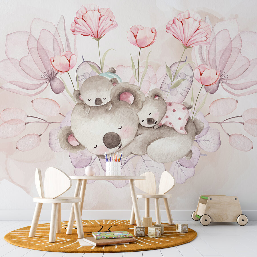 A watercolor illustration of a couple of koalas and flowers