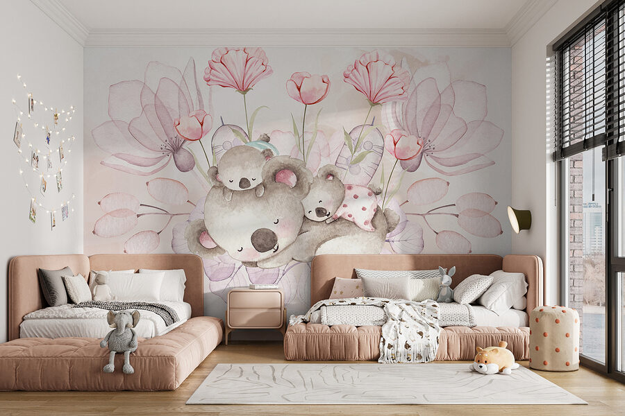 A watercolor illustration of a couple of koalas and flowers