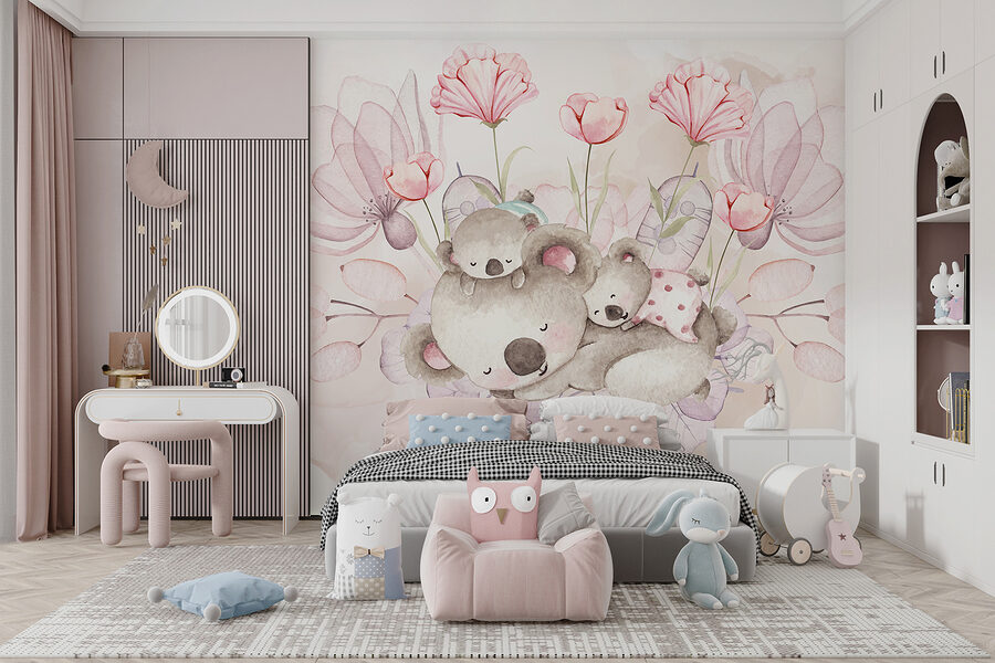 A watercolor illustration of a couple of koalas and flowers