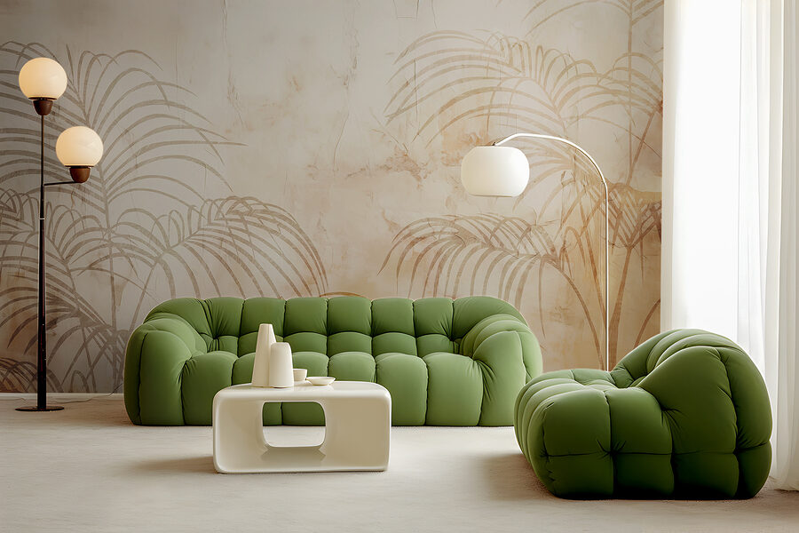 A wall with palm leaves