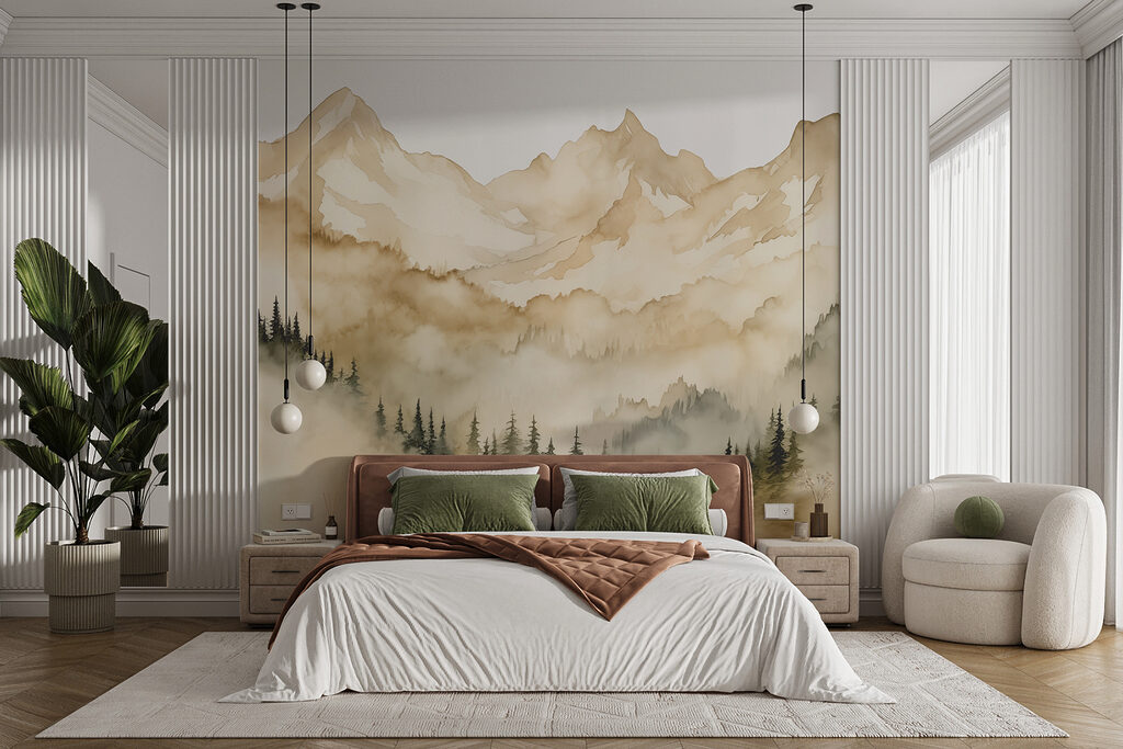 A mountain range with trees and clouds