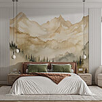 Wall murals A mountain range with trees and clouds