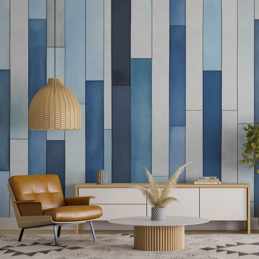 A blue and white striped wall