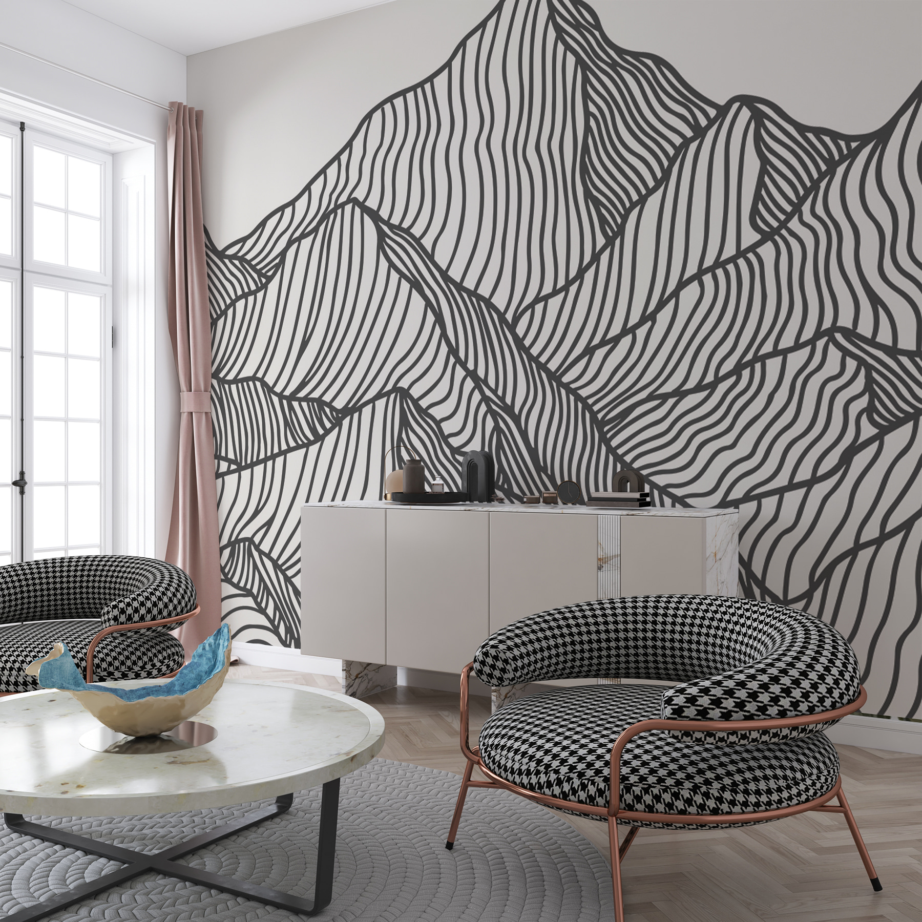 A black and white drawing of a mountain range