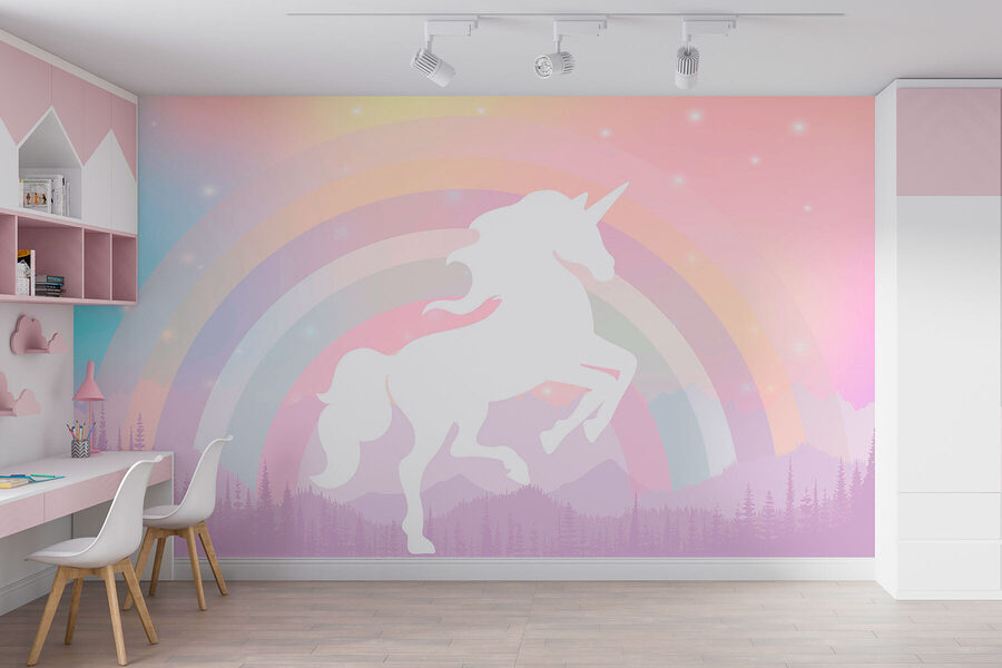 Wall murals A unicorn with a rainbow and mountains