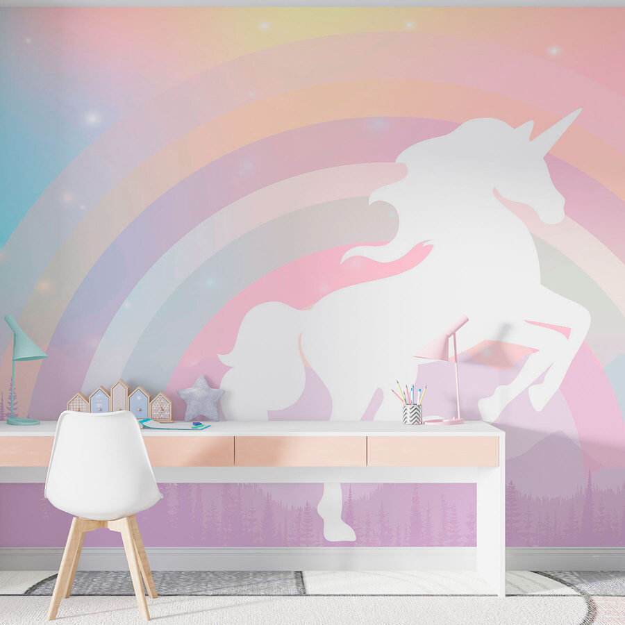 Wall murals A unicorn with a rainbow and mountains - Image 2