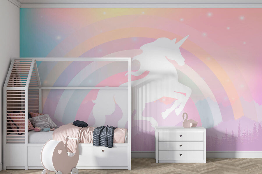 Wall murals A unicorn with a rainbow and mountains - Image 3