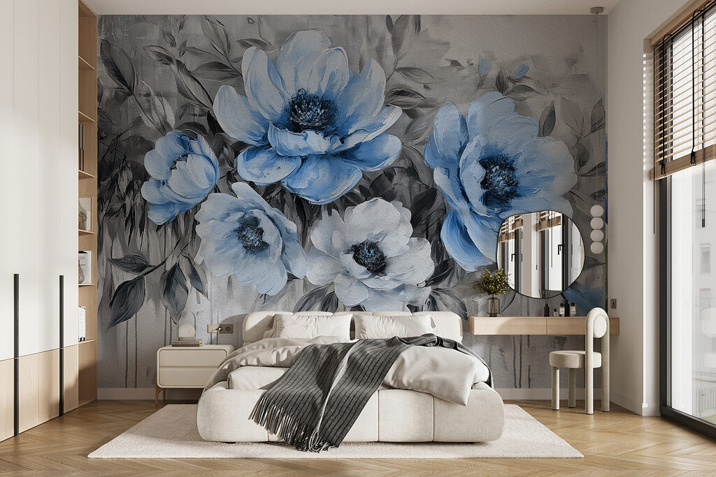 A painting of blue flowers