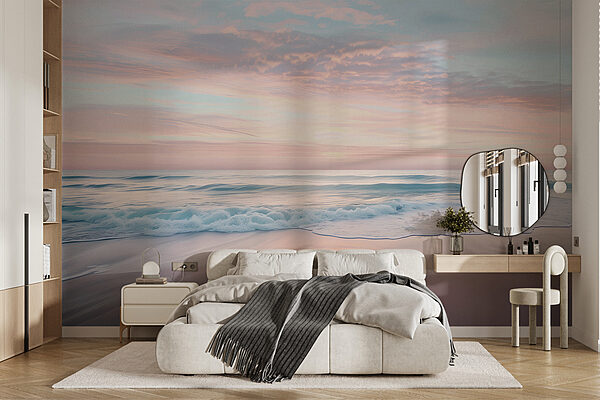 A beach with waves and a pink sky A beach with waves and a pink sky