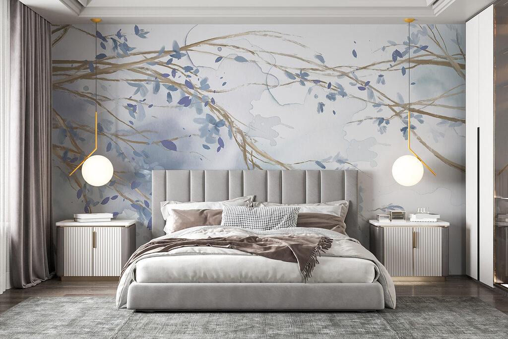 Watercolor of a tree branch with blue leaves