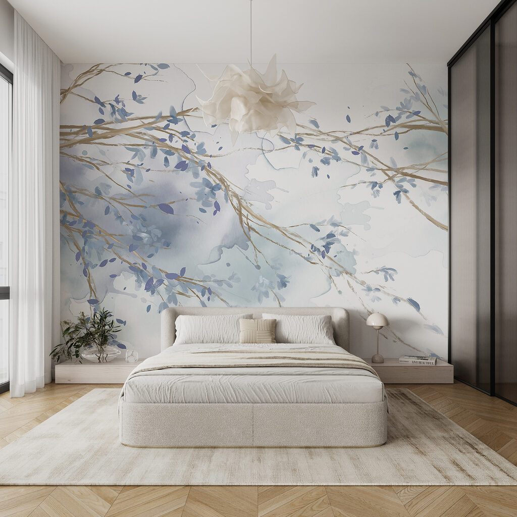 Watercolor of a tree branch with blue leaves