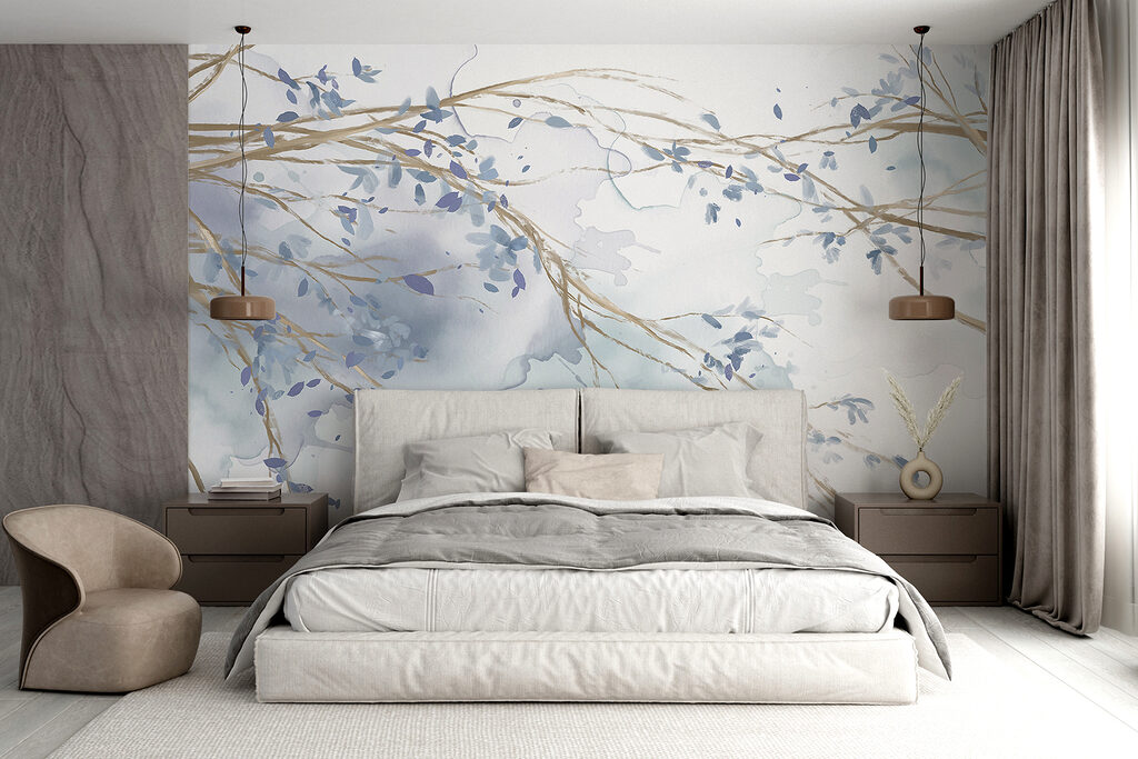 Watercolor of a tree branch with blue leaves