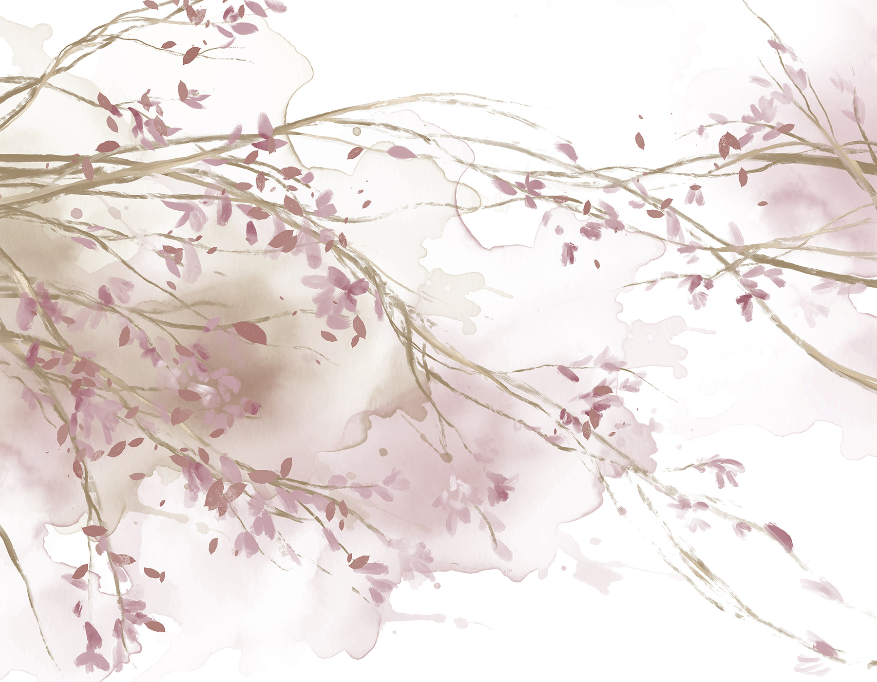 Watercolor of a tree branch with pink flowers w07919v1p - Watercolor of a tree branch with pink flowers