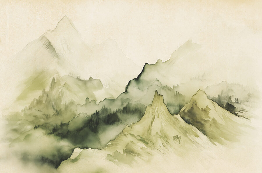 Painting of mountains and fog