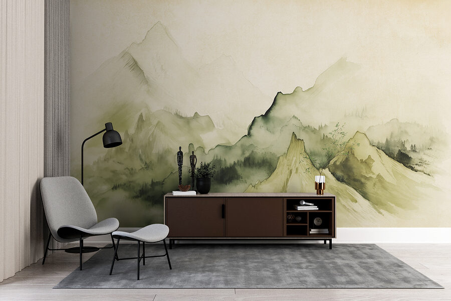 Painting of mountains and fog