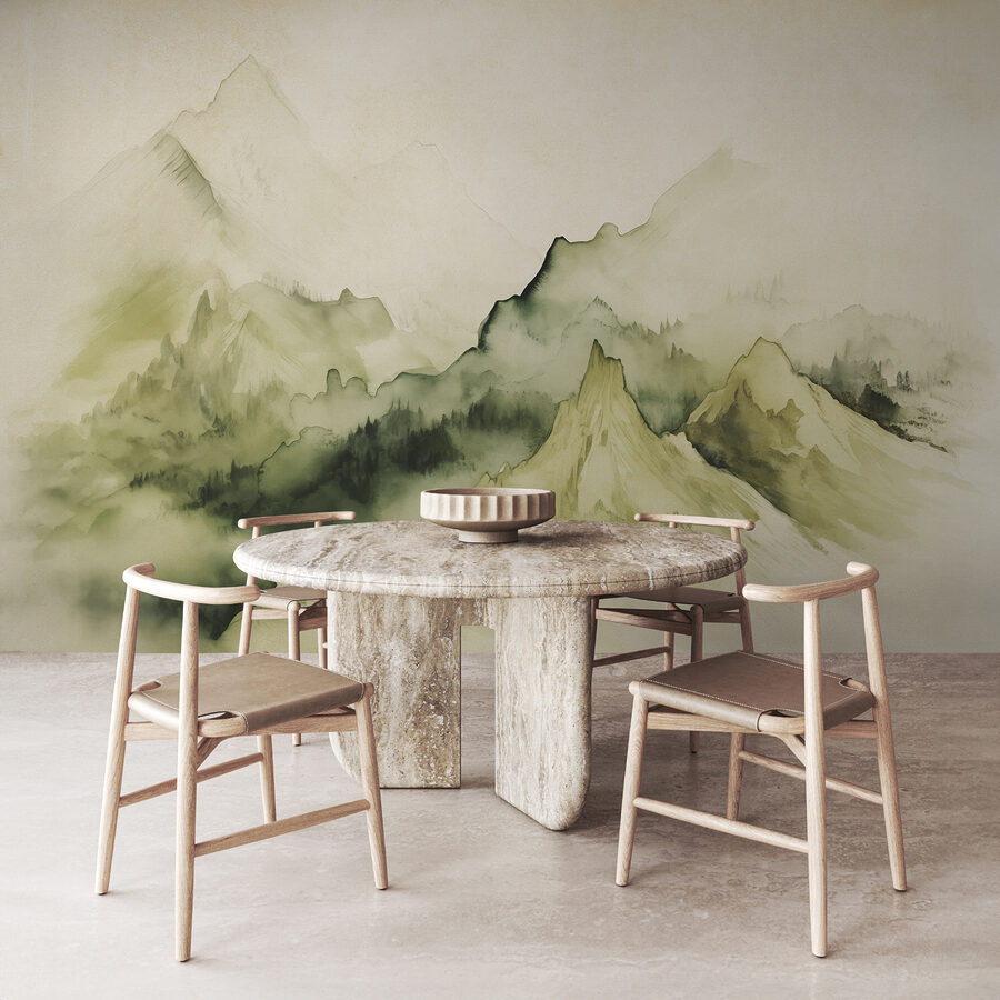 Painting of mountains and fog