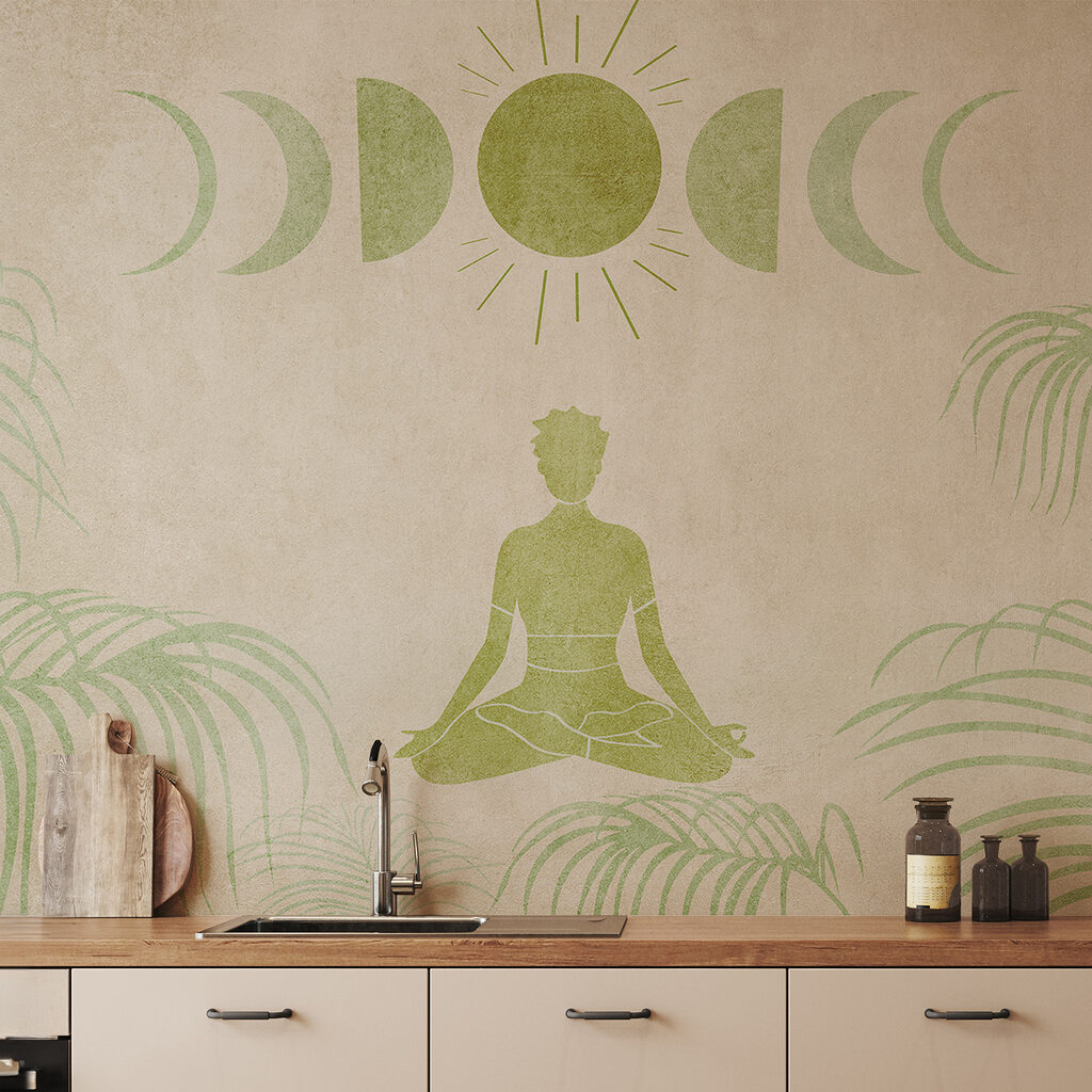 Drawing of a person sitting in a lotus position surrounded by plants