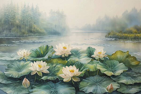 Painting of a pond with white flowers and green leaves Painting of a pond with white flowers and green leaves