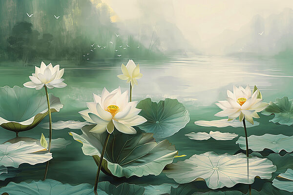 Painting of white flowers and leaves in a lake Painting of white flowers and leaves in a lake