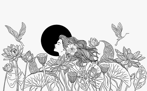 Woman with long hair and flowers