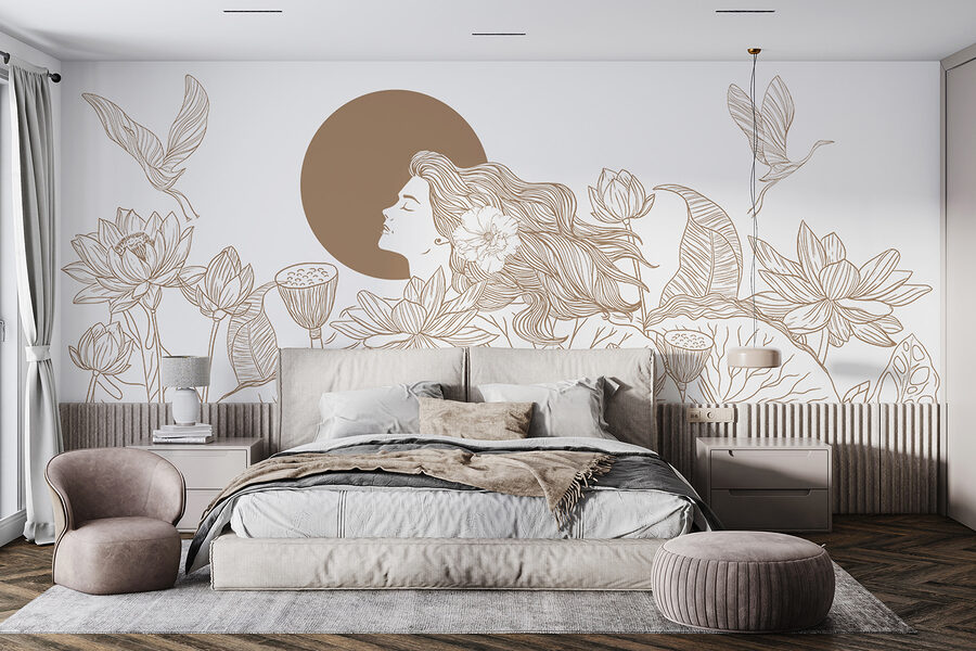 Wall murals Woman with long hair and flowers